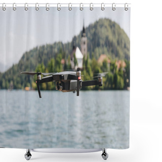 Personality  Close-up View Of Flying Drone Above Mountain Lake, Bled, Slovenia Shower Curtains