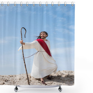 Personality  Smiling Jesus In Robe, Red Sash And Crown Of Thorns Standing With Wooden Staff In Desert Shower Curtains