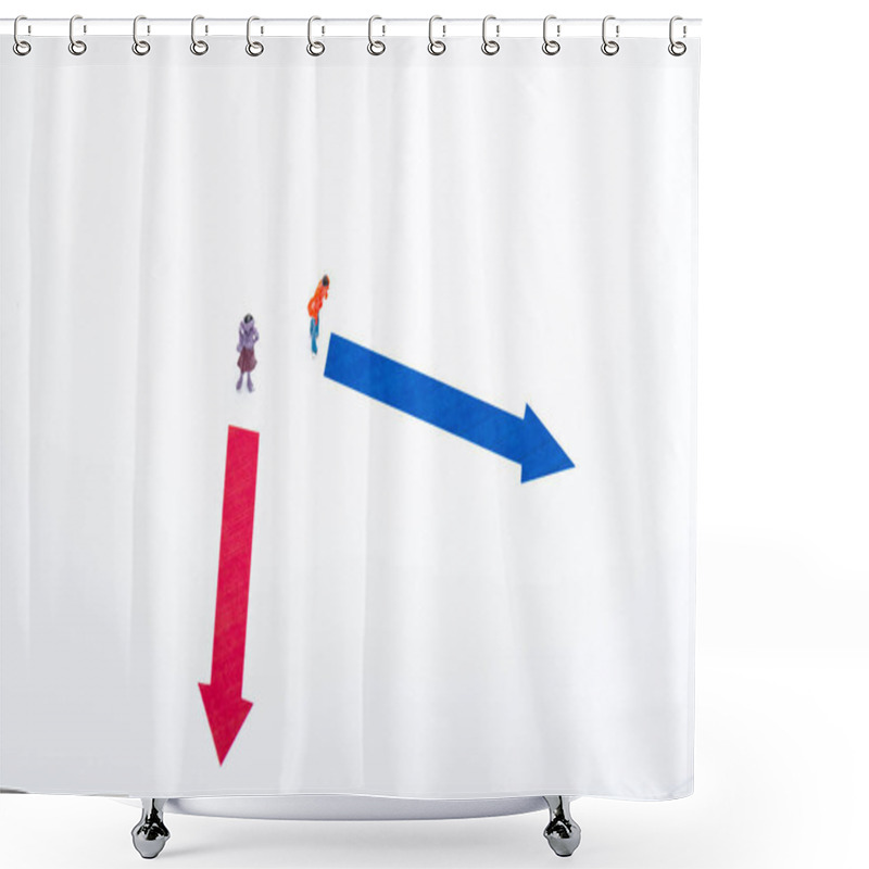 Personality  Top view of two people figures near arrows on white background, concept of equality shower curtains