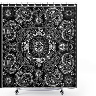 Personality  Black And White Ornamental Square With Paisley Elements Shower Curtains