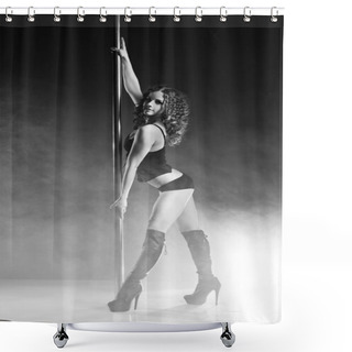 Personality  Young Slim Pole Dance Woman Exercising Over Dark Shower Curtains