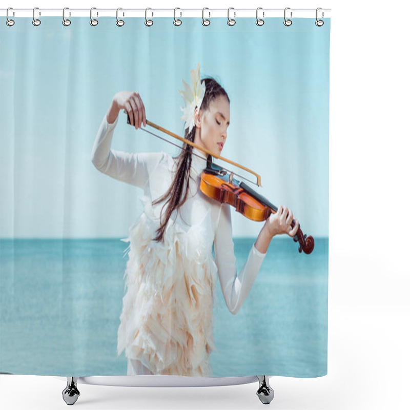 Personality  tender woman in white swan costume playing on violin shower curtains