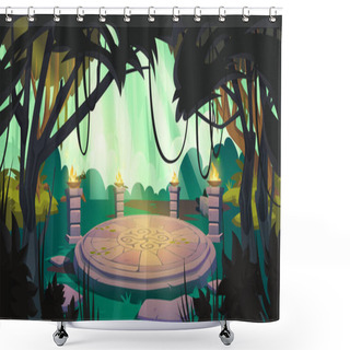 Personality  Ancient Circle Stone Altar With Fire On Pillars In Jungle. Vector Cartoon Illustration Of Rainforest Landscape With Green Grass, Trees, Lianas And Old Round Podium With Pagan Symbols Shower Curtains
