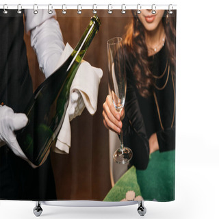 Personality  Cropped Image Of Waiter Pouring Champagne In Glass For Girl At Poker Table In Casino Shower Curtains