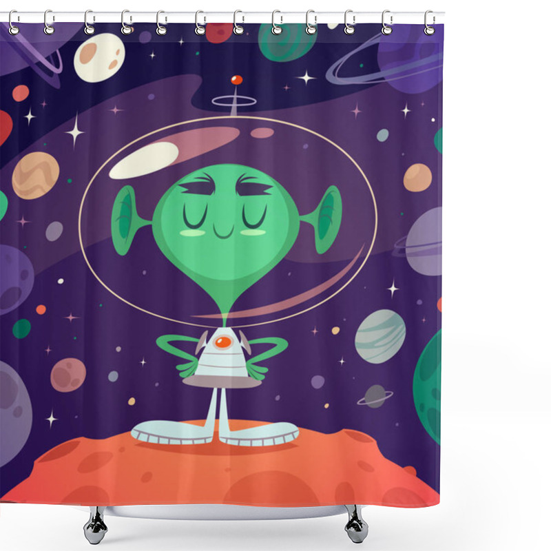 Personality  Happy Alien. Retro Styled Card / Poster / Background. Vector Illustration. Shower Curtains