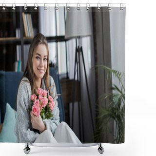 Personality  Smiling Girl Hugging Bouquet Of Pink Roses And Looking At Camera, 8 March Concept Shower Curtains