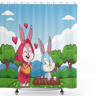 Personality  Cute Easter Bunny Happy Friends Rabbit Hole Nature Background Trees Shower Curtains