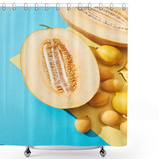 Personality  Top View Of Ripe Halved Melon And Fresh Pears, Lemons, Apricots On Blue And Yellow Background Shower Curtains
