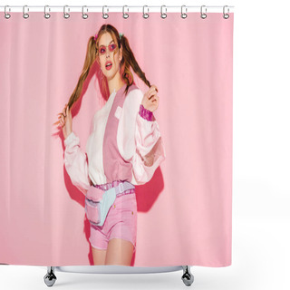 Personality  Surprised Stylish Girl In Sunglasses And Waist Bag Touching Hair On Pink Shower Curtains