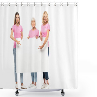 Personality  Women With Ribbons Of Breast Cancer Awareness Pointing At Empty Board On White Background Shower Curtains