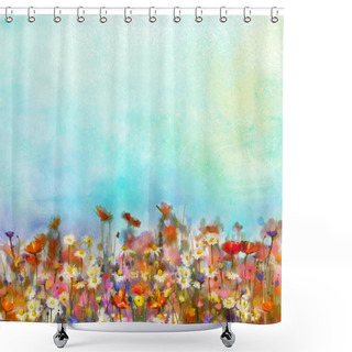 Personality  Watercolor Painting Purple Cosmos Flower, White Daisy, Cornflower, Wildflower. Shower Curtains