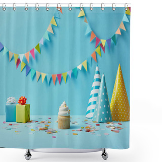 Personality   Tasty Cupcake, Party Hats, Confetti And Gifts On Blue Background With Colorful Bunting Shower Curtains