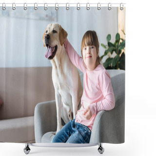 Personality  Kid With Down Syndrome Stroking Labrador Retriever Dog Sitting In Chair Shower Curtains