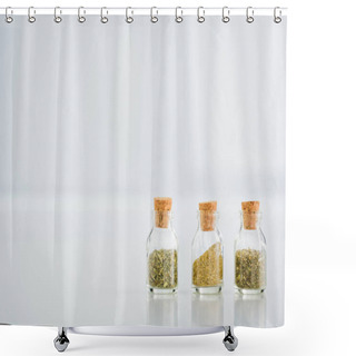 Personality  Corked Jars With Dried Herbs On White Background With Copy Space Shower Curtains