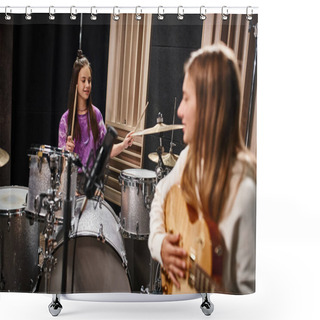Personality  Focus On Pretty Brunette Teenage Drummer Next To Blonde Blurred Girl Playing Guitar In Studio Shower Curtains