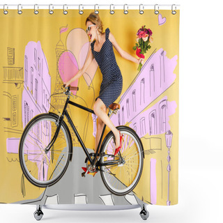 Personality  Top View Of Young Happy Elegant Woman With Bouquet Of Roses And Bike Lying On Yellow Background With City Street Illustration Shower Curtains
