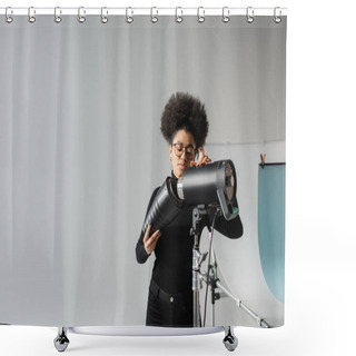 Personality  African American Content Manager Assembling Strobe Flashlight While Working In Photo Studio Shower Curtains