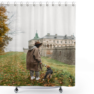 Personality  Young Woman With A Dog Walking Near The Old Castle In Autumn Shower Curtains