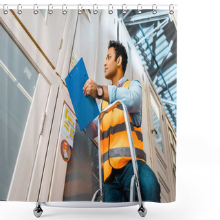 Personality  Handsome, Concentrated Indian Warehouse Worker Standing On Ladder And Holding Clipboard Shower Curtains