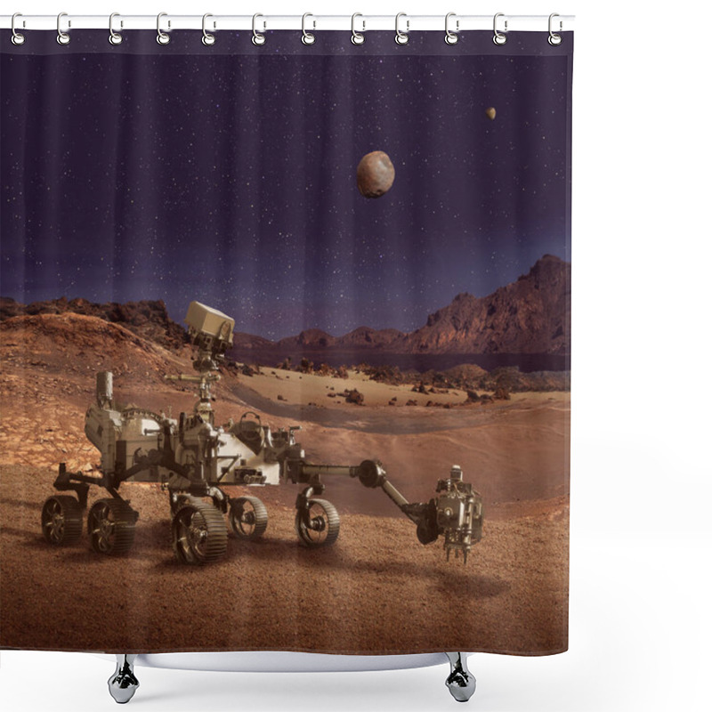 Personality  Illustration Of Perseverance Rover Exploring The Planet Mars Rocky Landscape. Some Elements Furnished By NASA. Shower Curtains
