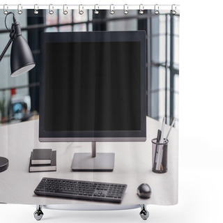 Personality  Computer Monitor With Blank Screen And Stationery At Workplace In Modern Office Shower Curtains