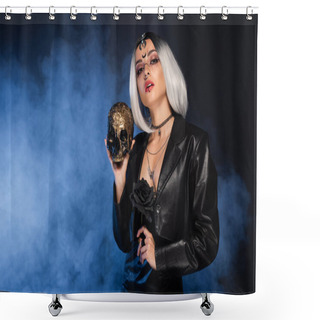 Personality  Woman In Witch Halloween Costume Holding Golden Skull And Black Rose On Dark Background With Blue Smoke Shower Curtains