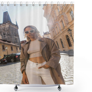 Personality  Stylish African American Woman Posing Near Old Town Hall Tower In Prague Shower Curtains