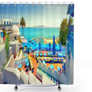 Personality  Panoramic View Of Seaside And Cafe Terrace In Sidi Bou Said At Sunset. Tunisia, North Africa   Shower Curtains