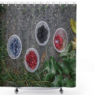 Personality  Top View Of Raspberries, Currants, Blueberries And Blackberries In Plastic Glasses On Ground Shower Curtains