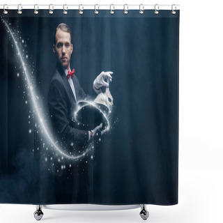 Personality  Professional Magician In Suit Showing Trick With White Rabbit In Hat, Dark Room With Smoke And Glowing Illustration Shower Curtains