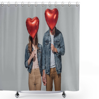 Personality  Young Couple Hiding Faces Behind Red Heart Shaped Balloons Isolated On Grey Shower Curtains