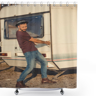 Personality  Handsome Man In Hat Trying To Open Door Of Campervan Shower Curtains