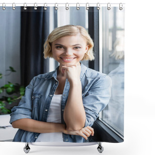 Personality  Portrait Of Smiling Blonde Woman Standing Near Window Shower Curtains