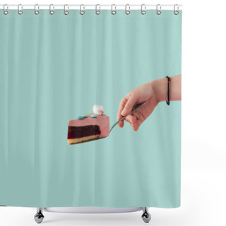Personality  Cropped View Of Tattooed Hand With Piece Of Cake On Cake Shovel Isolated On Blue Shower Curtains