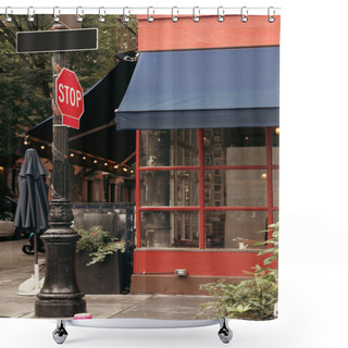 Personality  Stop Road Sign On Urban Street In New York City Shower Curtains