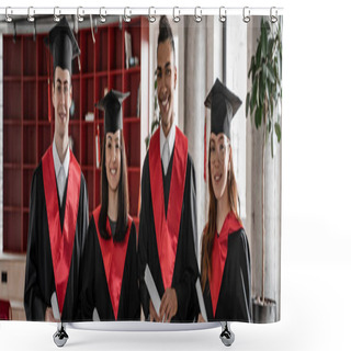 Personality  Happy Interracial Students In Graduation Gowns And Caps Holding Diploma, Prom 2021, Banner Shower Curtains