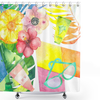 Personality  Abstarct Watercolor Tropical Illustration With Sunbath Accessories And Colorful Exotic Plants Shower Curtains