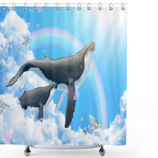 Personality  Humpback Whales Swimming Among Clouds With Flying Fish, 3d Illustration Shower Curtains