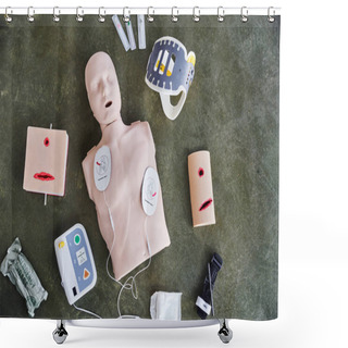 Personality  Top View Of CPR Manikin, Automated External Defibrillator, Wound Care Simulators, Neck Brace, Syringes, Compression Tourniquet And Bandage, Medical Equipment For First Aid Training  Shower Curtains