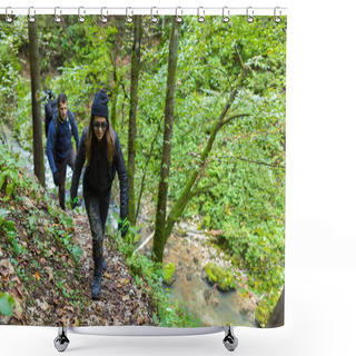 Personality  Tourists Hiking On Mountain Trail Shower Curtains