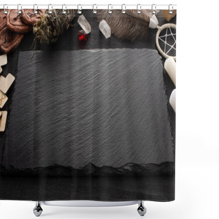 Personality  Black Board Near Wooden Runes, Candles And Dreamcatcher On Black Wooden Surface Shower Curtains