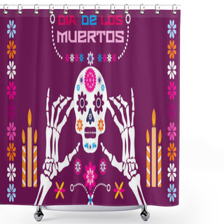 Personality  Dia De Los Muertos, Day Of The Dead Or Halloween Greeting Card,  Banner, Invitation. Sugar Tatoo Skulls, Candle, Maracas, Guitar, Sombrero And  Marigold Flowers, Catrina Calavera Traditional Mexico Skeleton Decoration Vector Illustration. Shower Curtains