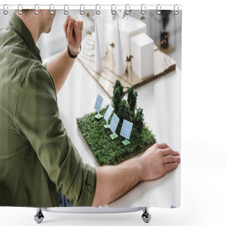 Personality  Cropped View Of Architect Sitting At Table With Solar Panels And Trees Models In Office Shower Curtains