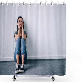 Personality  Depressed Lonely Brunette Woman Sitting On Floor At Home With Copy Space Shower Curtains