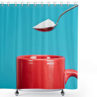 Personality  Teaspoonful Of Granulated Sugar Near Red Cup Isolated On Blue Shower Curtains