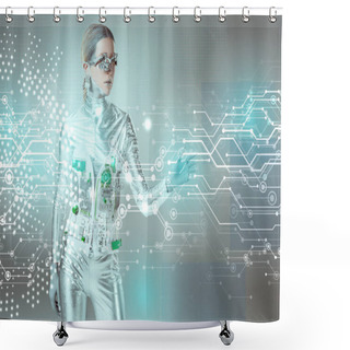 Personality  Silver Robotic Woman Touching Digital Data With Hand On Grey, Future Technology Concept  Shower Curtains
