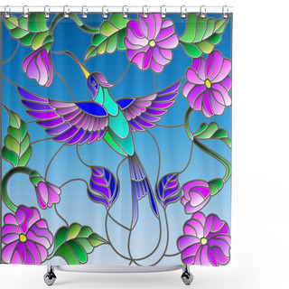 Personality  Illustration In Stained Glass Style With Colorful Hummingbird On Background Of The Sky ,greenery And Flowers Shower Curtains