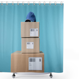 Personality  Cap On Stacked Cardboard Boxes Isolated On Blue Shower Curtains