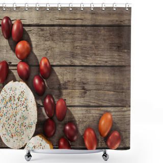 Personality  Top View Of Sweet Homemade Easter Cakes And Painted Chicken Eggs On Wooden Surface Shower Curtains