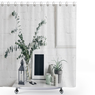 Personality  Houseplants With Blank Chalkboard In Front Of White Brick Wall, Mockup Concept Shower Curtains